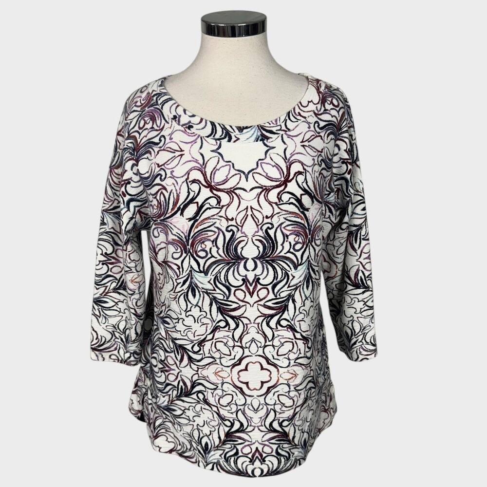 T by Talbots Medium 3/4 Sleeve Cotton Blend Top Black White Pattern